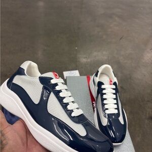 Prada Navy, White and Red Low-Top Sneakers